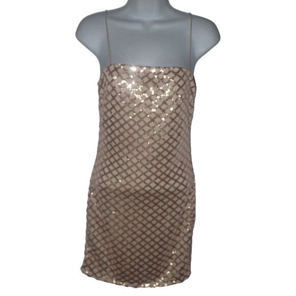 PrettyLittleThing Women's Sequin Mini Dress Beige Gold Size 2‎ Party Strappy - Picture 1 of 6